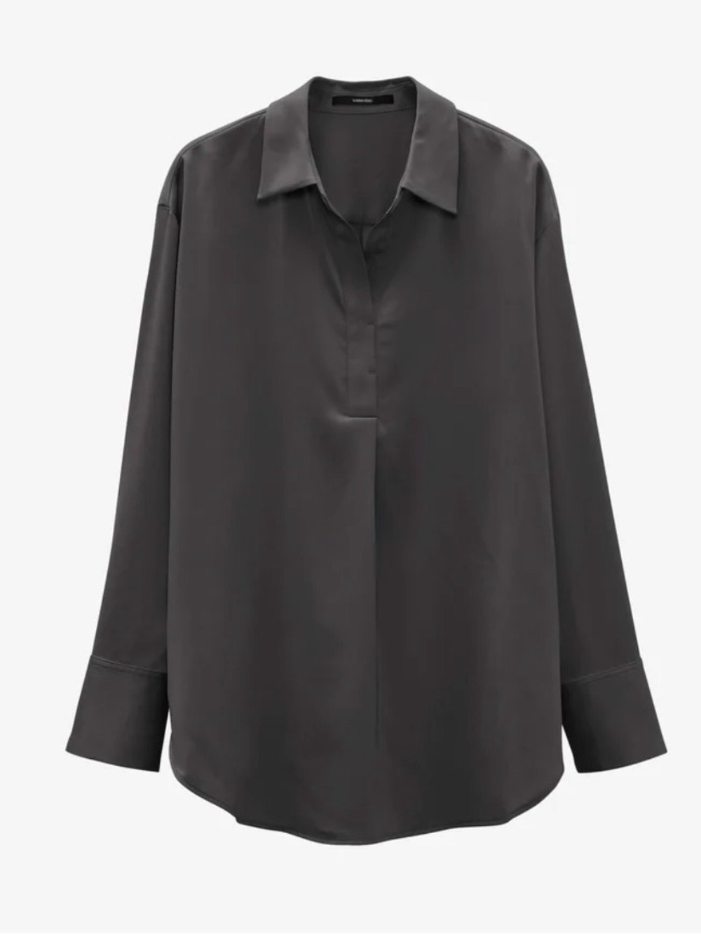 F&F COLLARED V-NECK LONG SLEEVED ROOMY BLACK SATIN BLOUSE WOMENS SZ M